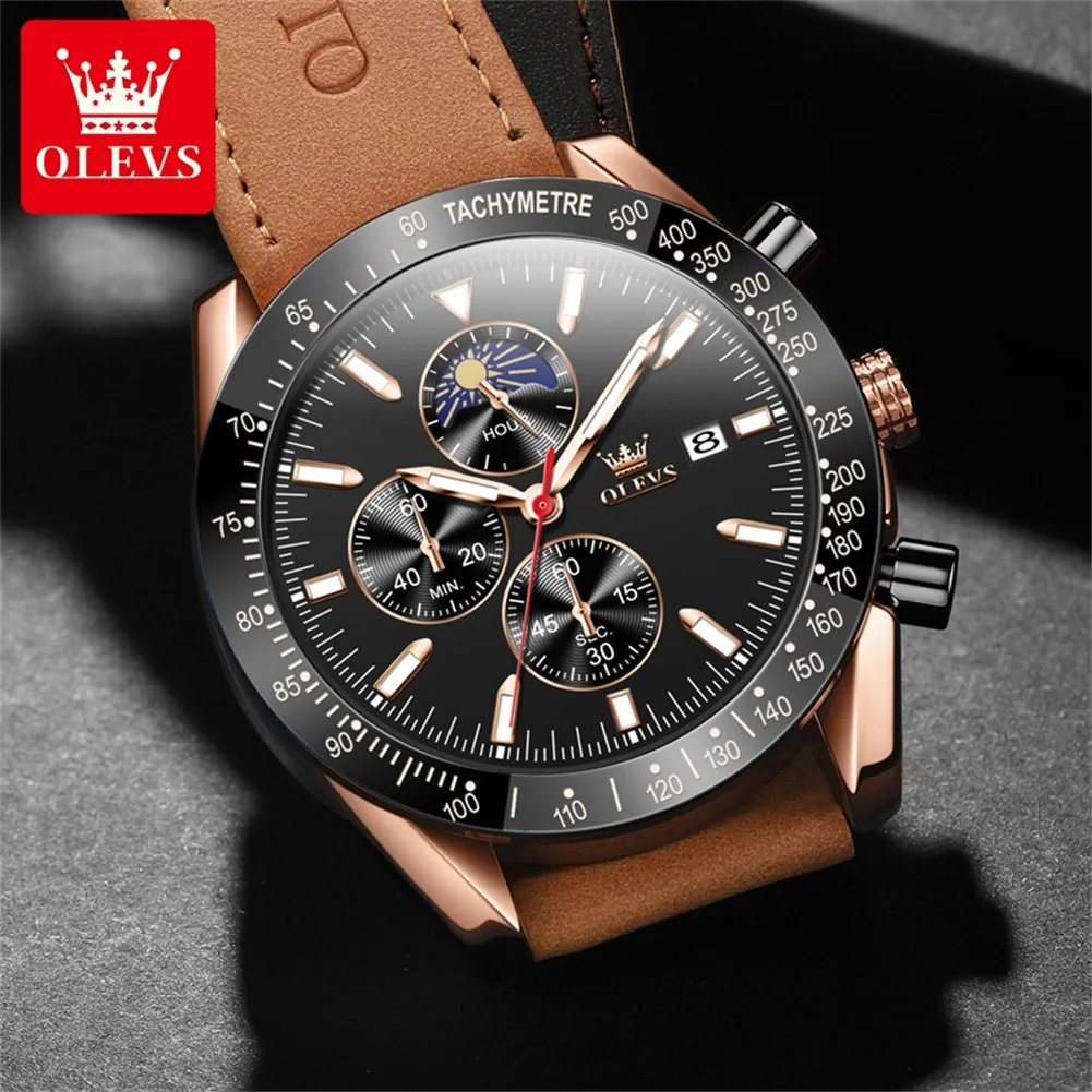 OLEVS Watch Men Fashion Classic Nubuck Strap Waterpoof Chronograph Men\'s Wristwatch Auto Date Clock Moon Phase Luxury Man Watch