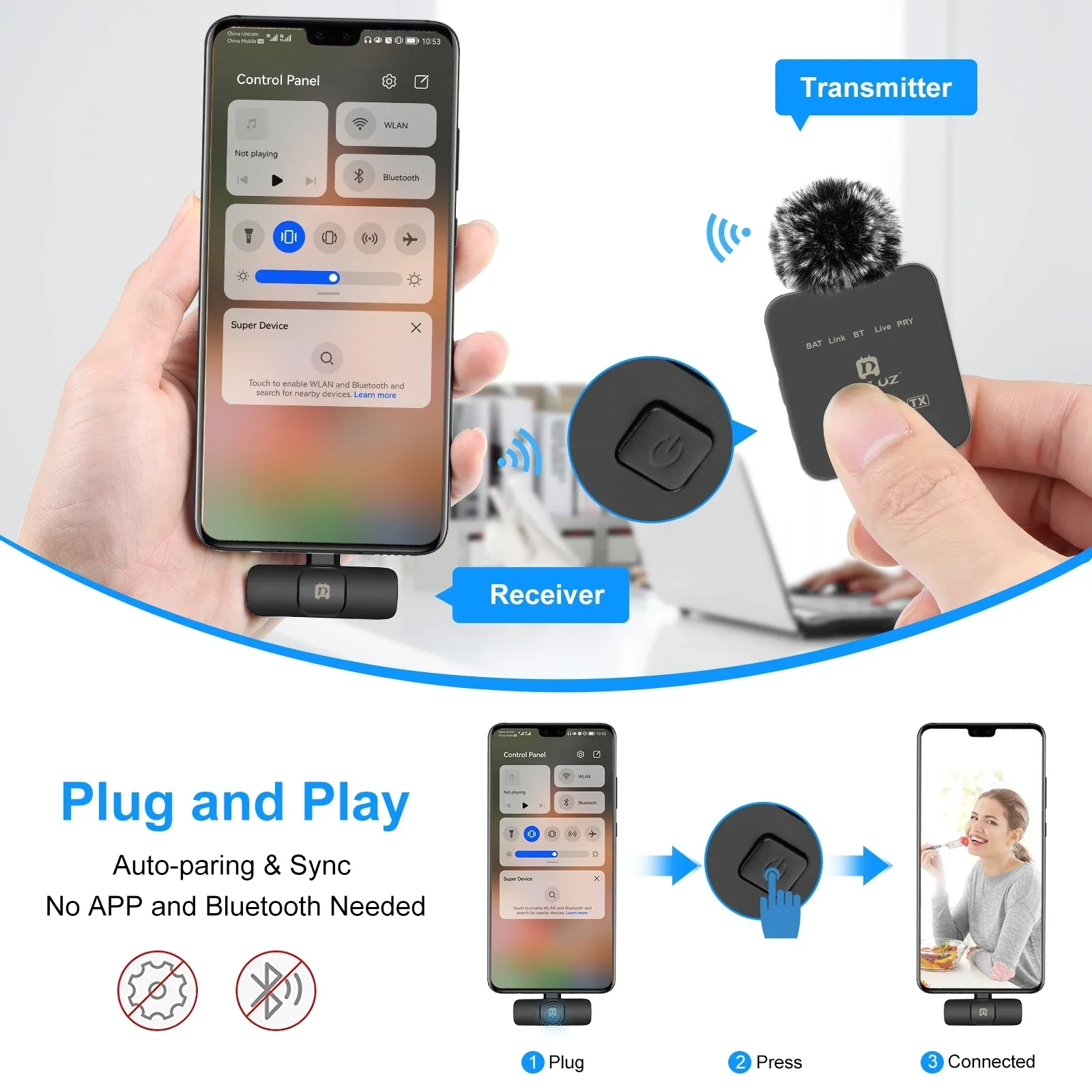 PULUZ-Microfone com lapela sem fio, portátil, áudio, gravação de vídeo, mini microfone para iPhone, Android, ao ar livre, transmissão ao vivo,