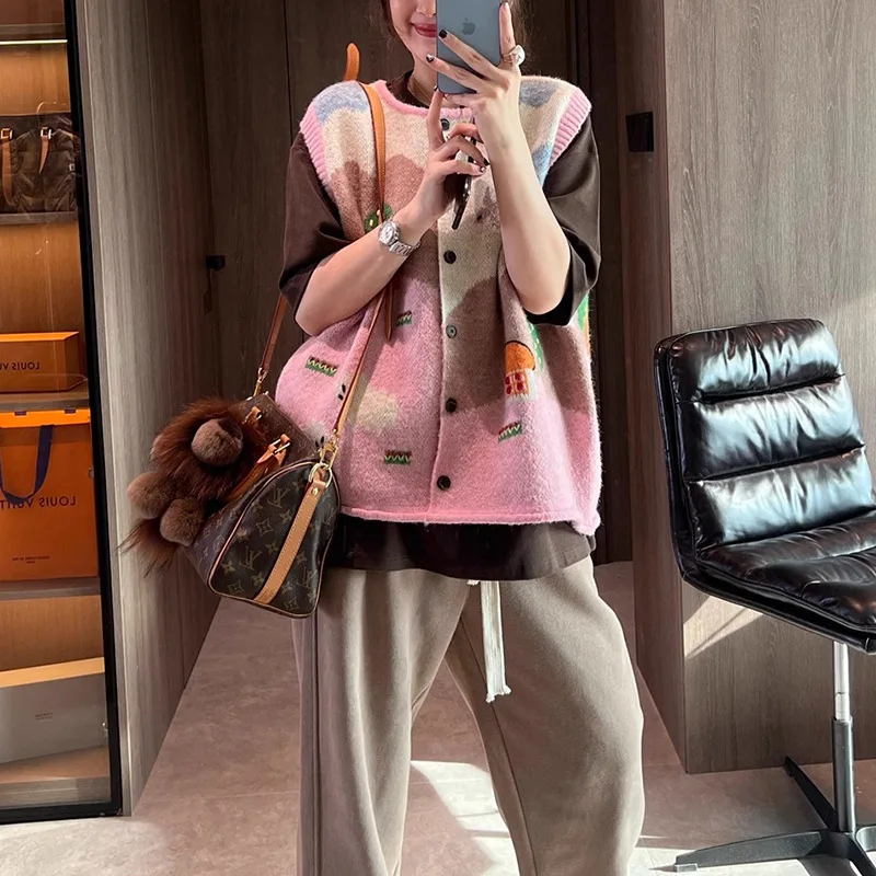 

Женский свитер, жилеты с принтом, без рукавов, с круглым вырезом, топы на пуговицах, свитера, повседневный сращенный жилет, кардиган, однобортный, осень 2025 г.