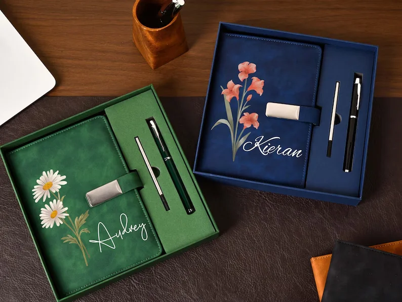 Personalized Custom Name/Text/Logo Floral Embossed Notebook Pen Set Personalized Leather Journal Gift Box for Office Birthday