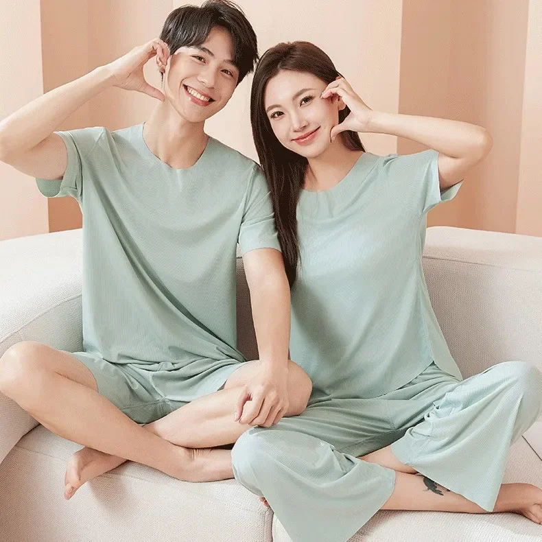 man-pajamas-sets-summer-short-sleeve-soft-ice-silk-pyjamas-pullover-home-clothing-women-solid-color-loose-casual-sleepwear-homme