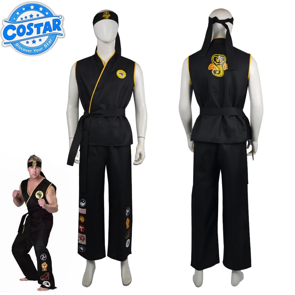 Черное кимоно для взрослых The Karate Kids KOF: Косплей Костюм Cobra Kai с повязкой на голову для аниме Cos & Halloween Partyt Косплей