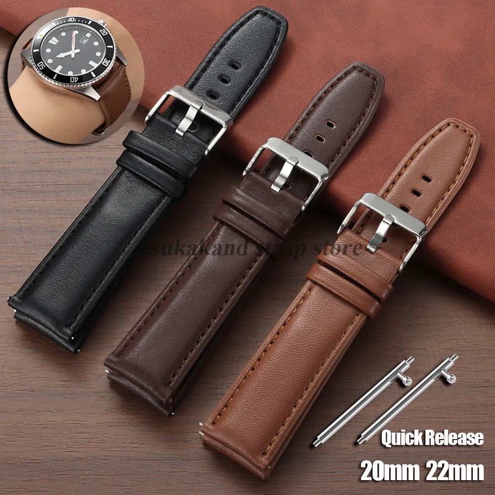 20mm 22mm Black Brown Leather Watchstrap for Seiko for Omega Cowhide Band Replace Women Men Quick Release for Huawei Bracelets