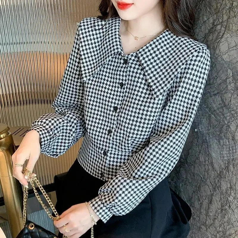 

Spring Autumn Youth All-match Fashion Shirt Tops Elegant Casual Women Clothing Long Sleeve Plaid Slim Button Office Short Blouse
