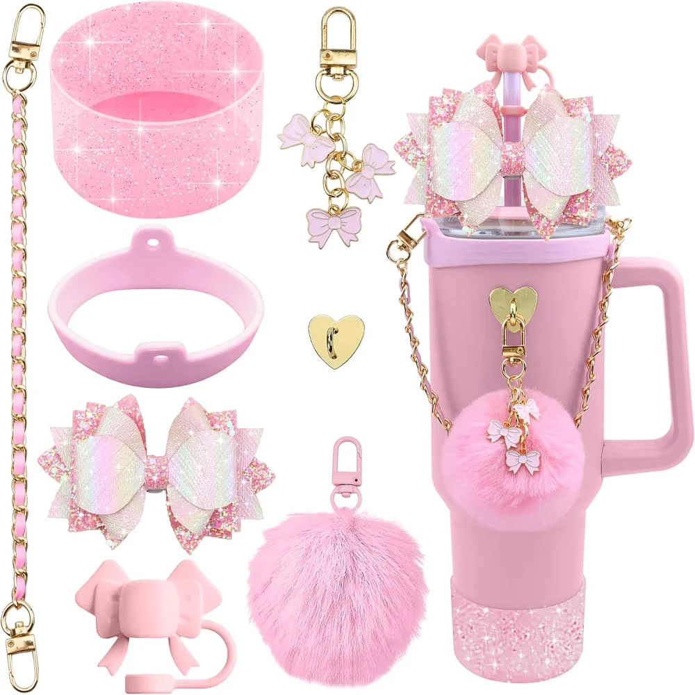 Bling Cup-Zubehörset für Stanley 40oz & 30oz Tumbler inklusive Silikon-Topper-Abdeckung mit niedlicher Schleife und Strohhalm