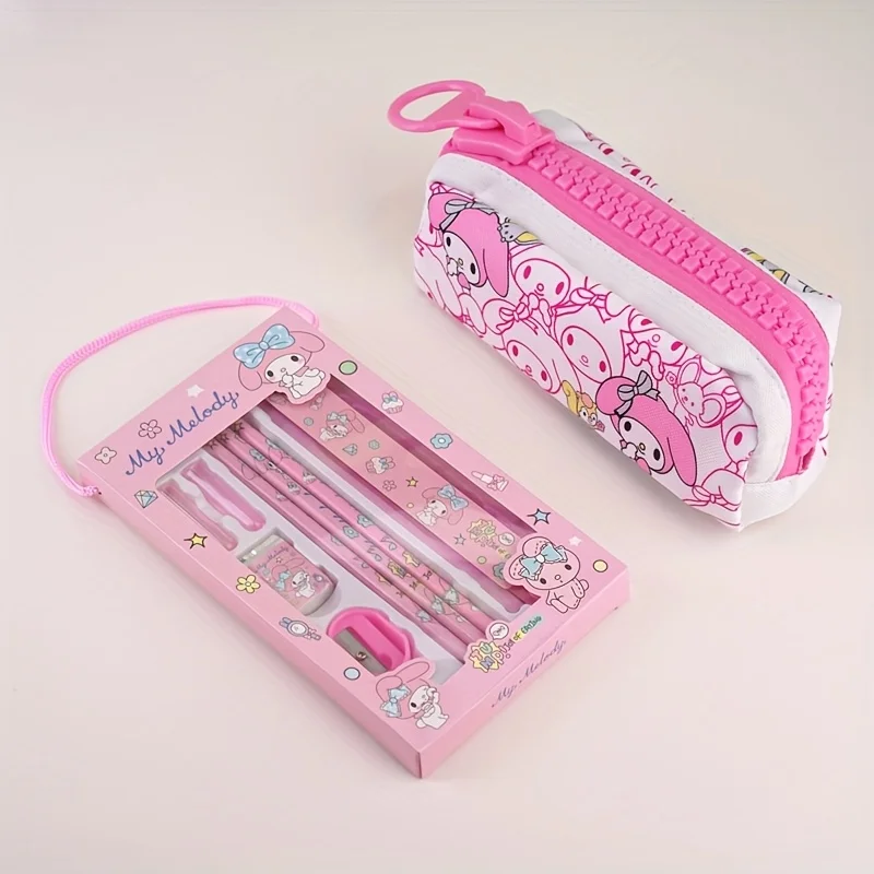 Sanrio Melody pencil case, cute cartoon design, large zipper, large capacity pencil stationery box storage bag view 5