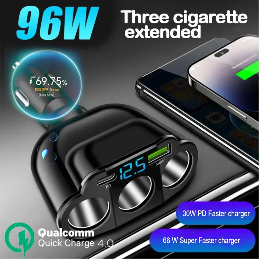 

96W Car Cigarette Lighter Triple Port USB PD QC3.0 Type C Phone Super Fast Charger 12V 24V Universal LED Adapter Charging Parts