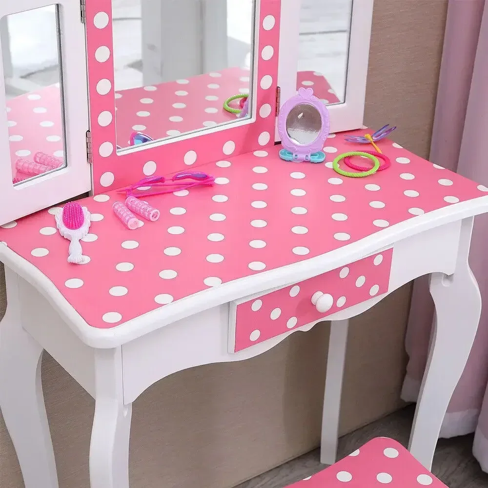 Kids Girls Vanity Makeup Dressing Table Vanity Set With Fliding Mirror Chair