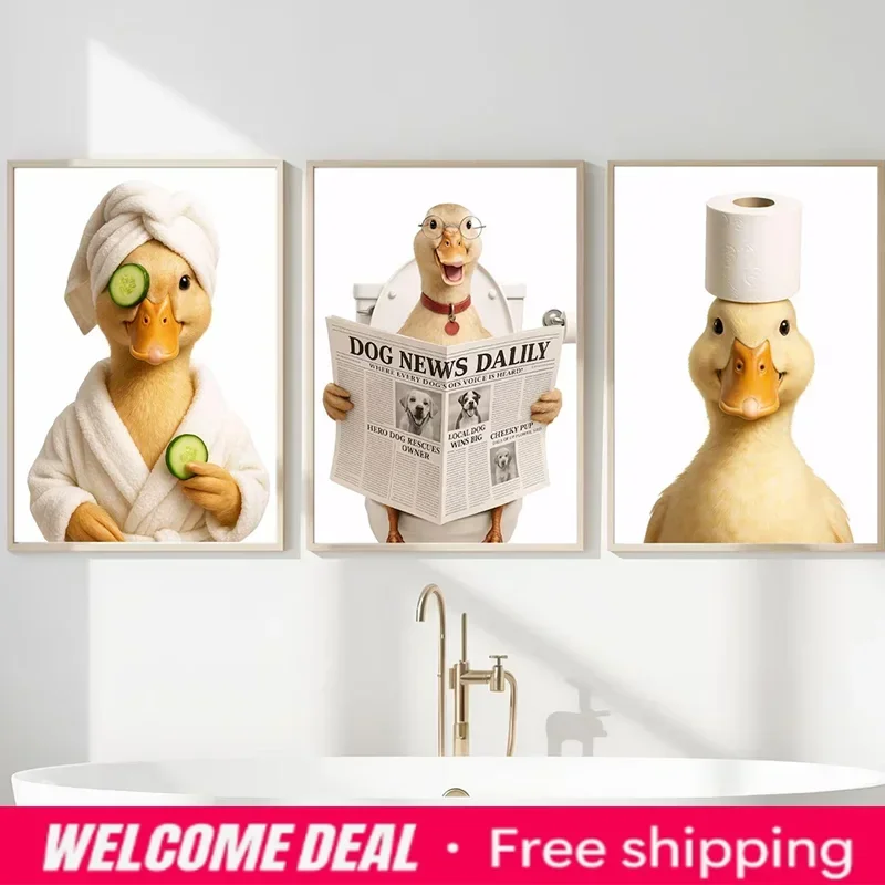 3PCS frameless decorative art print,3PCS Funny Duck Bathroom Prints  Bathroom Wall Art  Bathroom Wall Decor  Duck in Toilet