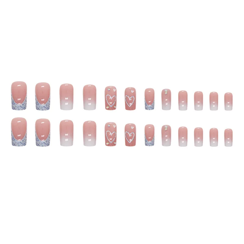 24 pièces d'ongles d'amour courts dégradés français avec 1 gel de gelée et 1 lime à onglesQHZ758