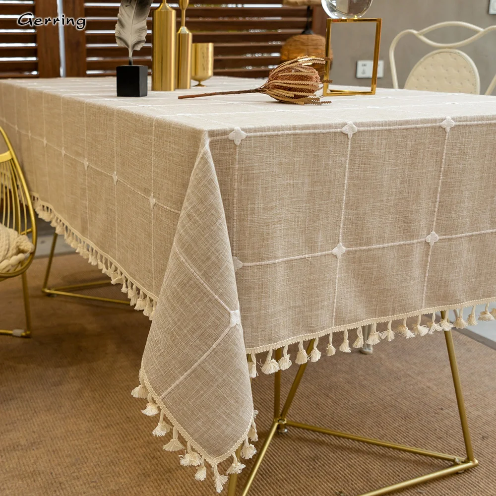 Gerring Dining Table Tablecloth Embroidery Tassel Table Cover Kitchen Party Outdoor Christmas Decorative Linen Table Cloth