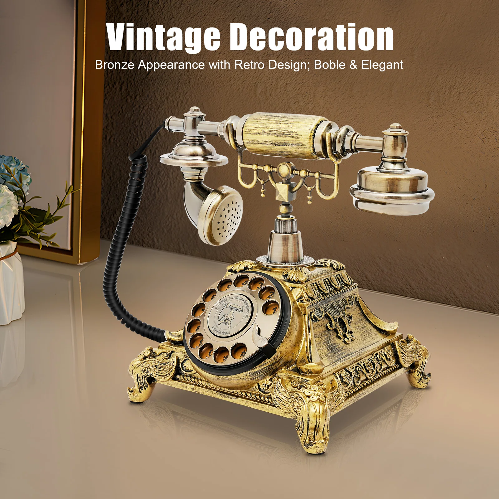 Vintage Antique European Style Old Fashioned Rotary Dial Phone Handset Telephone Line Connection Decoration