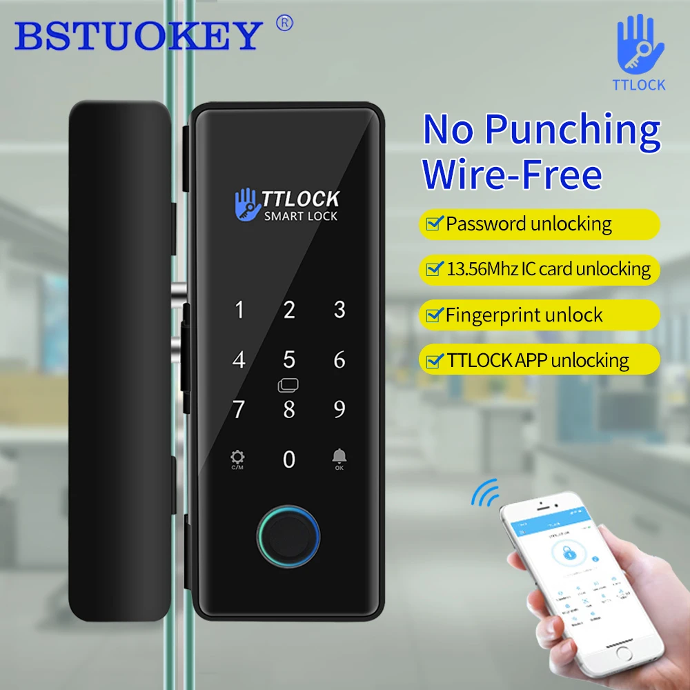 Digital Fingerprint Glass Door Lock Remote Control Bluetooth TTLock App Passcode Rfid Card Keyless Smart Lock and WIFI Gateway