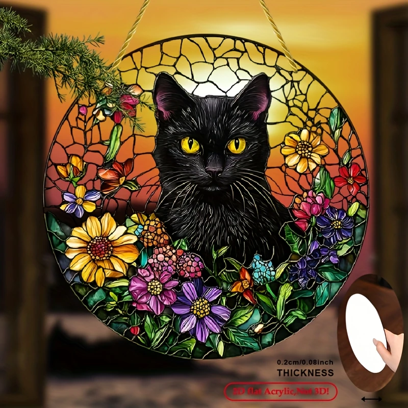 Acrylmalerei Schwarze Katze Buntglas-Fensterdekoration, Bunter Blumen-Katzen-Kunst-Wanddekor, 2D Flache Acrylplatte