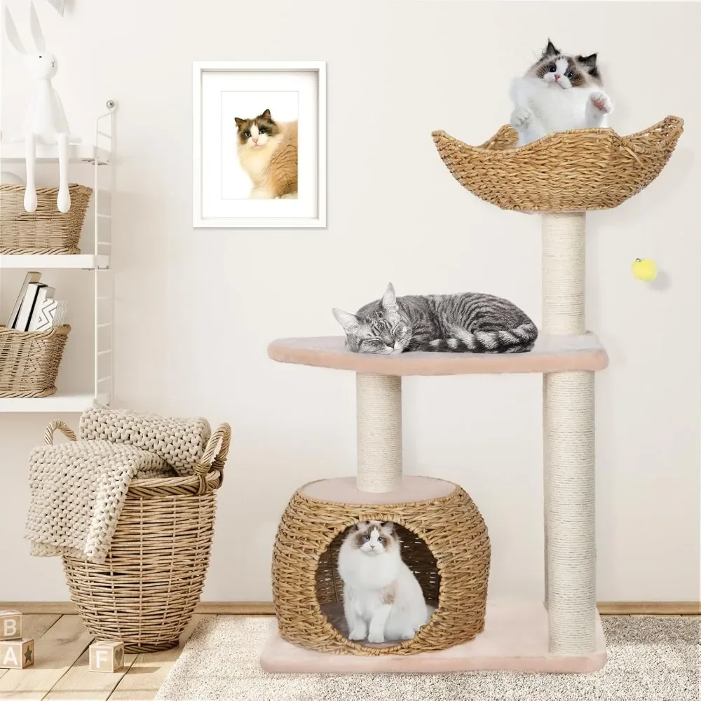 Árbol para gatos, torre para gatos pequeña, árbol para gatos moderno para gatos gatitos de interior, poste rascador de sisal natural incluido | |