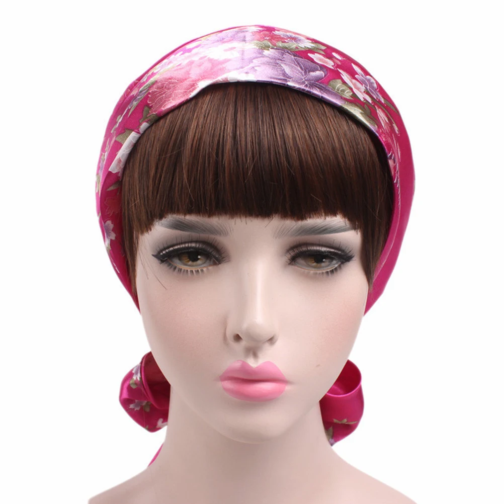 

Women Chemotherapy Sleeping Silk Bonnet Long Tail Satin Floral Miss Hats