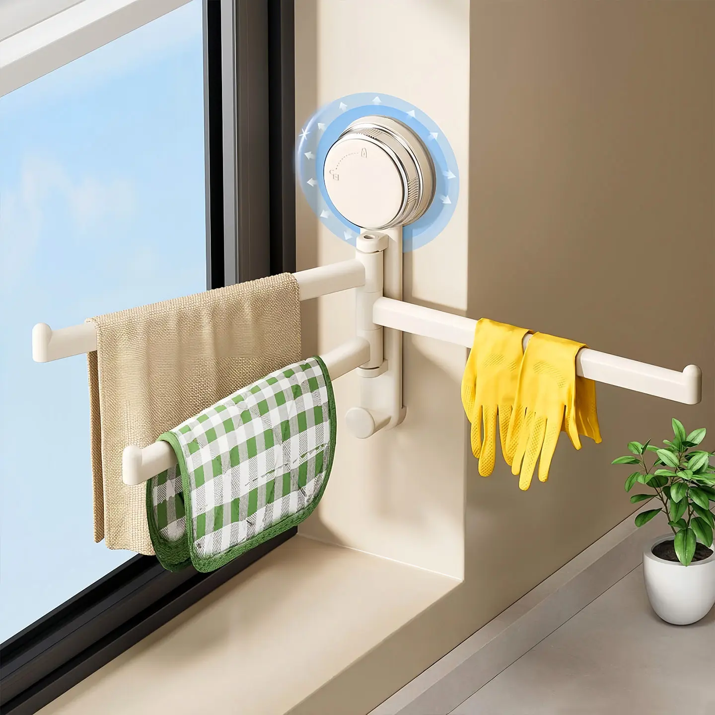 Suction Cup Rotatable Multi Rod Towel Rack Wall Mount Drain Organizer For Kitchen Window Sill Dish Cloth