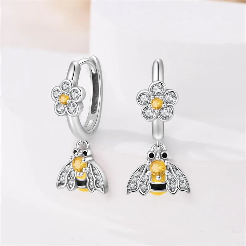 Colorful 925 Sterling Silver Lovely Yellow Black Dancing Bee Butterfly Hoop Earrings Precious Anniversary Gifts For Girlfriend