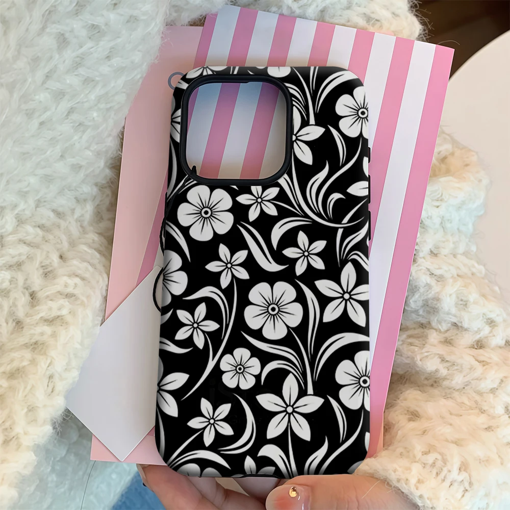 

Monochrome Floral Lace Phone Case for iPhone 17 16 15 14 13 12 11 Pro Max Air Plus Luxury Double-layer Back Cover