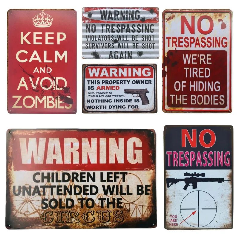 Vintage Shabby Chic Metal Tin Signs Decor Warning No Trespassing Bodies Garage Danger Posters Plaque Stickers Wall Decor