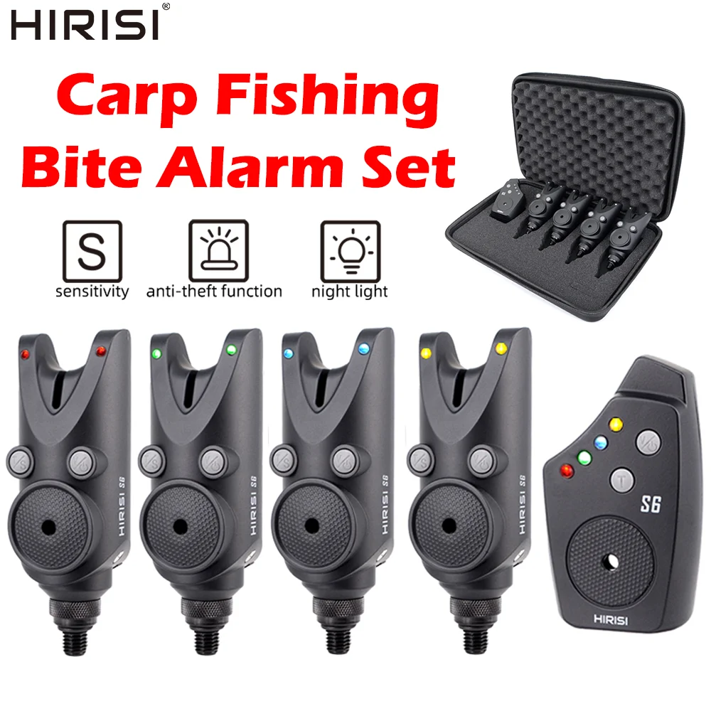Ensemble d'alarmes de pêche à la carpe Hirisi S6, étanche, indicateur LED 4 couleurs, volume/tonalité/sensibilité réglables, avec étui de rangement