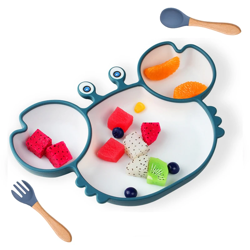 Baby Bowls Plates Spoons Food Grade Silicone Suction Cup Cutlery Non-Slip Baby Cutlery Set Cartoon Crab Children Feeding Bowl