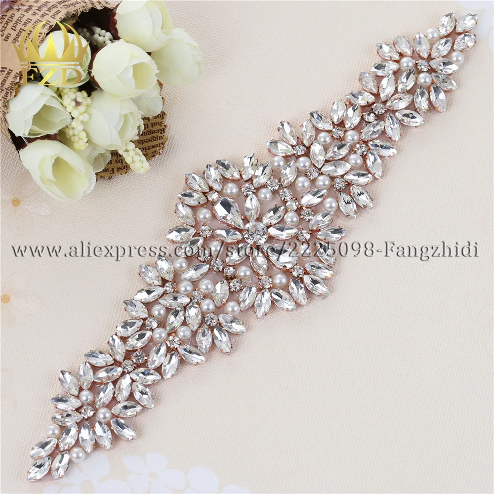 (1 piece) Wedding Rhinestones Applique Crystal Hot Fix Rose gold  Clear Rhinestones Designs for Bridal Sash or DIY Wristbands