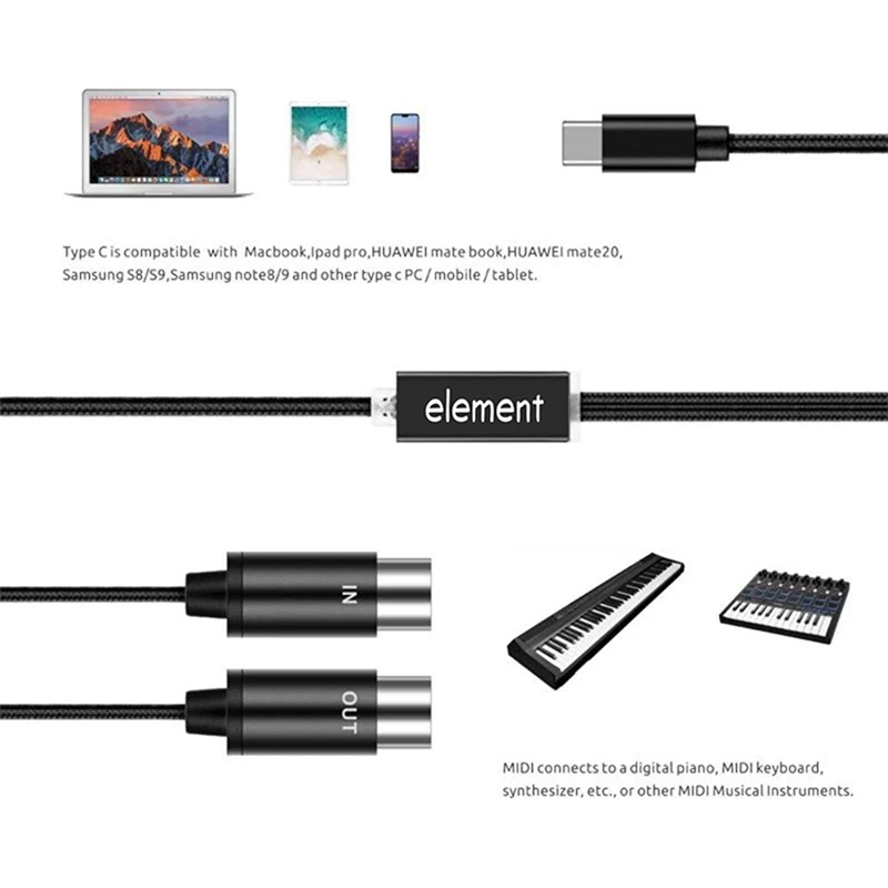 MIDI To USB C Type C Cable USB MIDI Converter With Indicator Light For Electronic Organ Computer