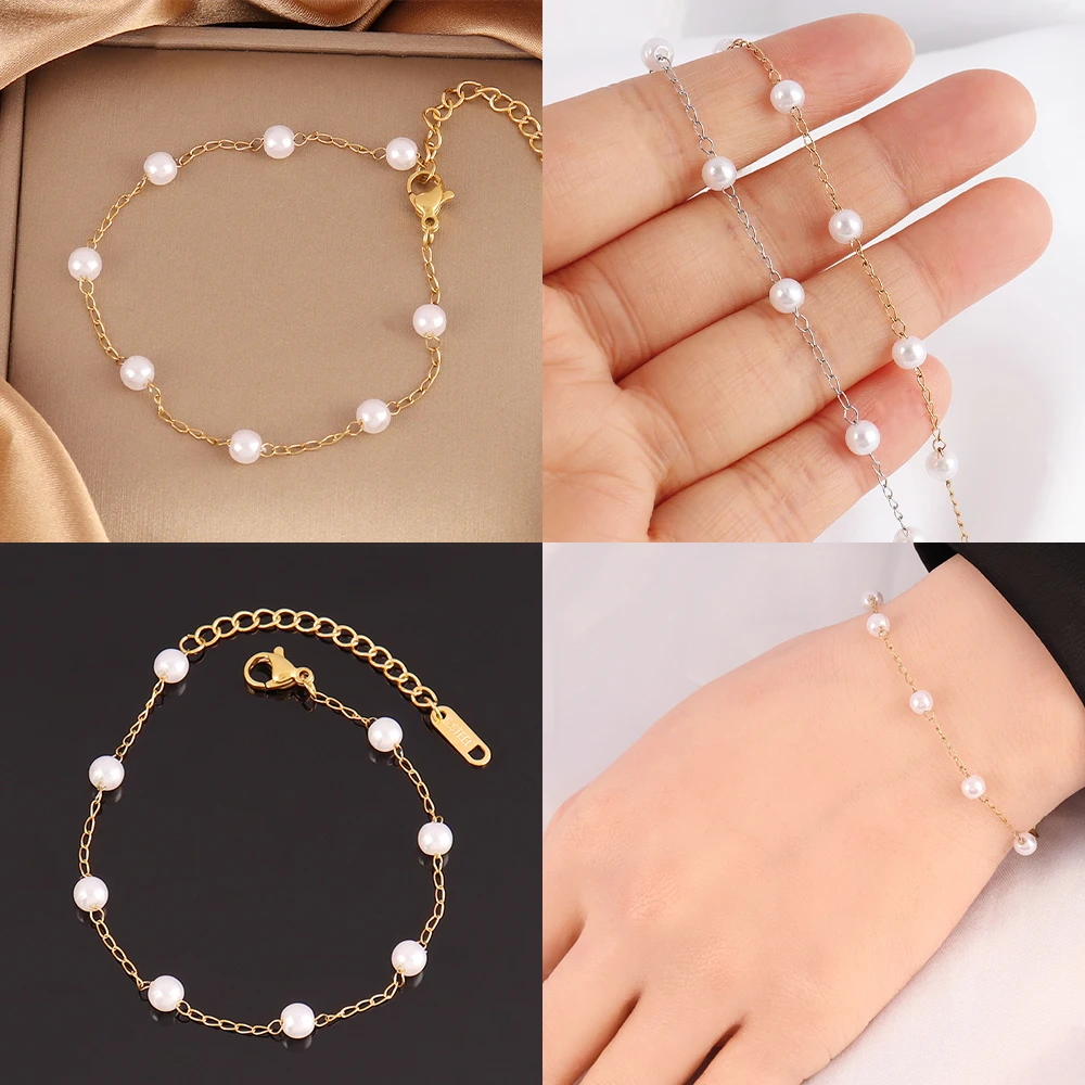 316L Stainless Steel White Pearl Bracelet For Women Fashion  Simple Pearl Beads Chain Bracelets Jewelry Gift