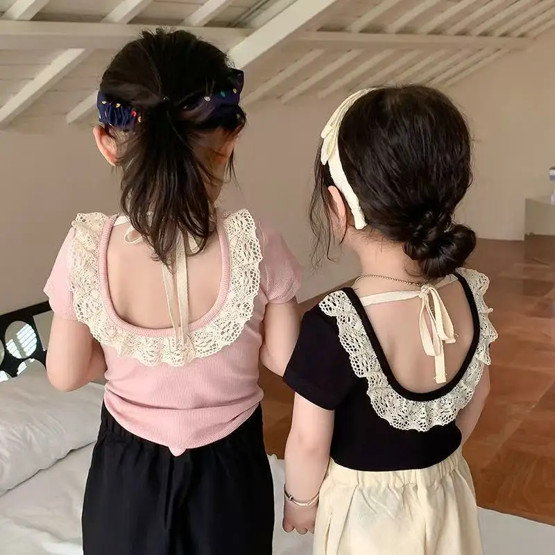 New Arrival 2-6Y Toddler Girl Hollow Back Lace Trim Tee Frill Edge Casual Base Shirt Summer Fashion Short Sleeve Top