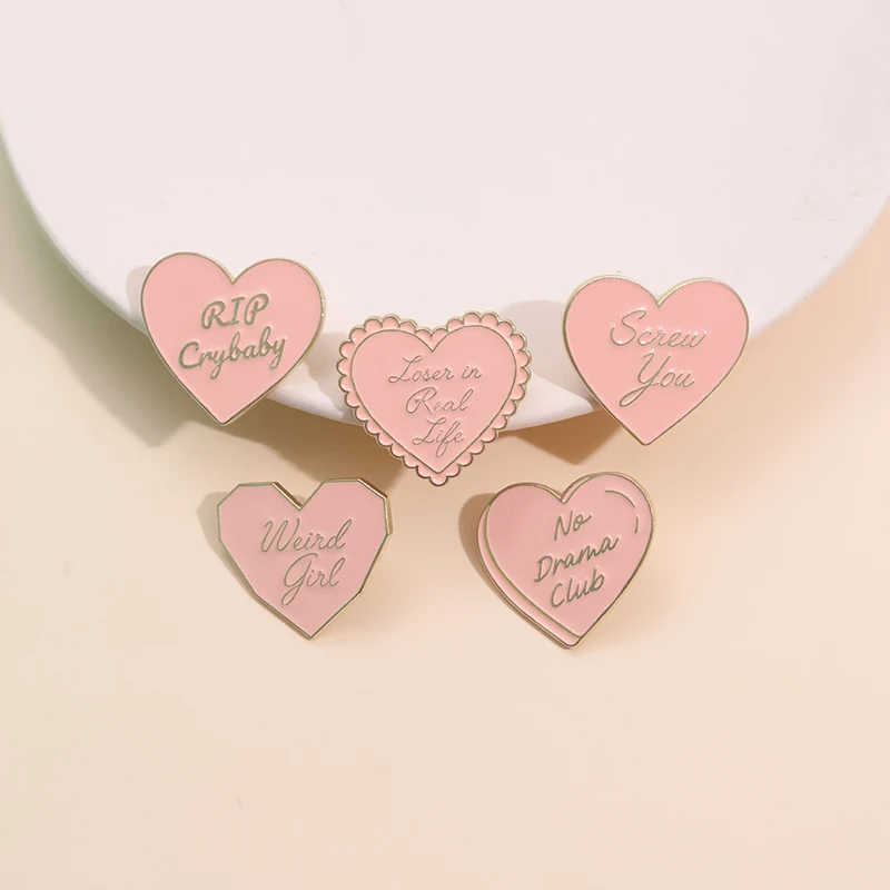 Fashion Creative Pink Heart Text Brooch Enamel Pins Custom Weird Girl No Drama Club Brooches Lapel Badge Jewelry Gift for Friend