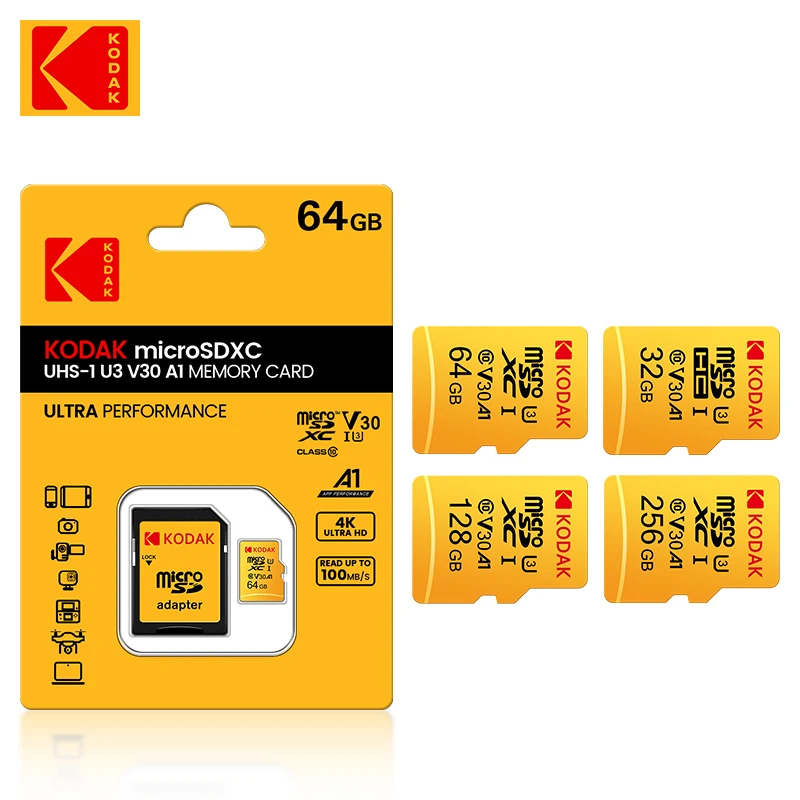 

KODAK Original Micro SD 32GB 64GB128GB 256GB Memori Memory Card C10 TF MicroSD Cards U3 4K For Phone Drone Camera Gift