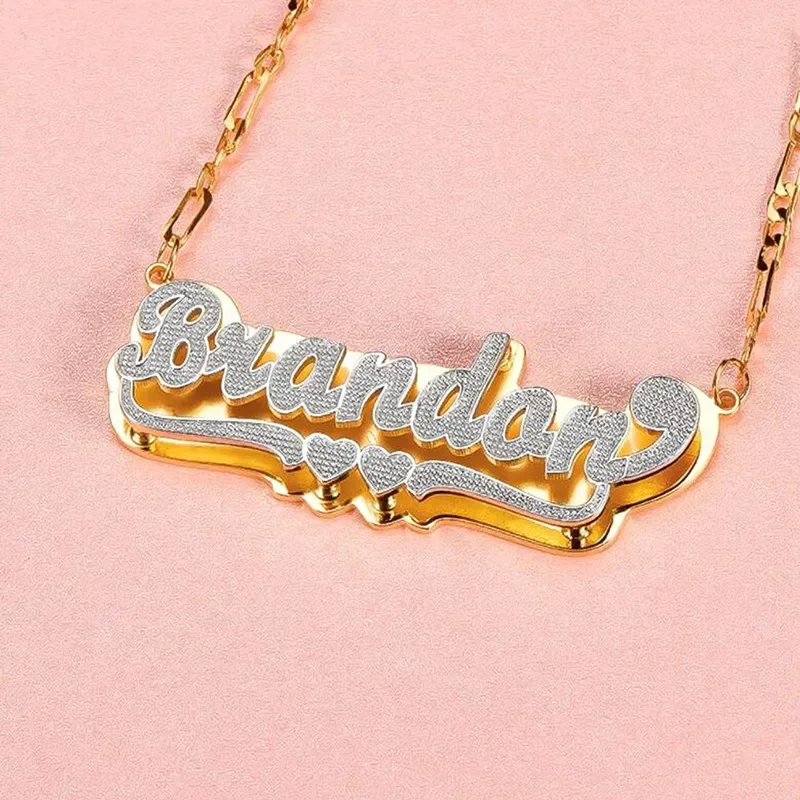 Customized Double Love Stainless Steel Two Color Nameplate Customized 3D Figaro Chain Banquet Anniversary Gift Jewelry Necklace