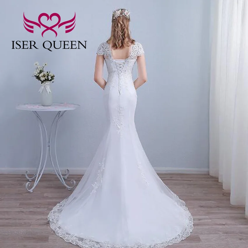 ที่กําหนดเองคอสูงลูกไม้ Appliques ชุดเดรสเมอร์เมดสําหรับผู้หญิงแขนสั้น Hollow กลับ Elegant ชุดเจ้าสาว WD8008