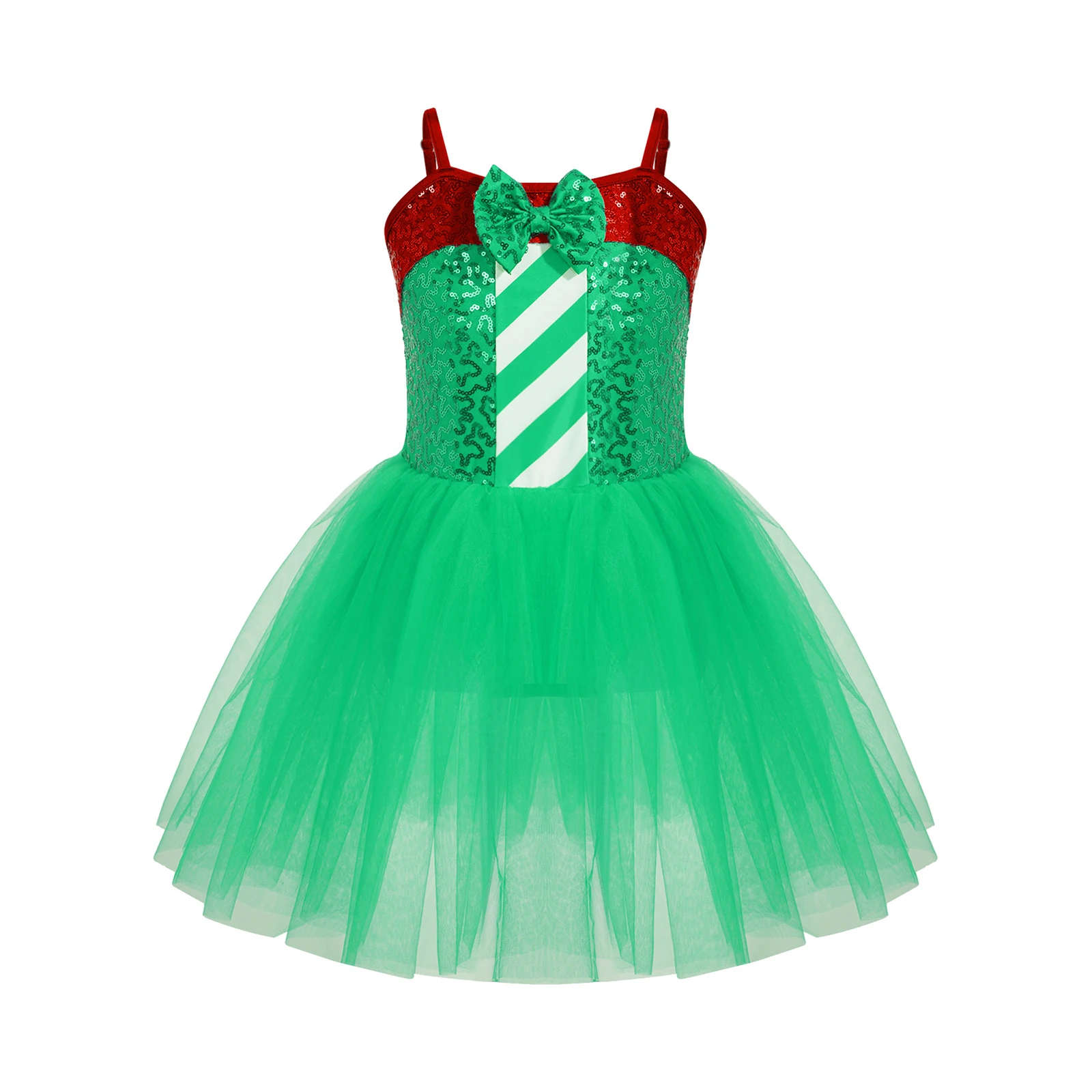 

2Pcs Kids Girls Christmas Dance Dress Costume Sleeveless Sequins Bow Stripes Xmas Tutu Dress Jumpsuit Leotard with Hair Hoop