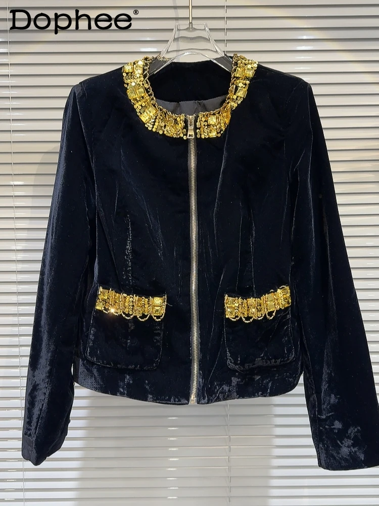 2024 Spring New Elegant Crew Neck Heavy Industry Golden Diamond Chain Padded Shoulder Velvet Zipper Short Jacket Office Lady