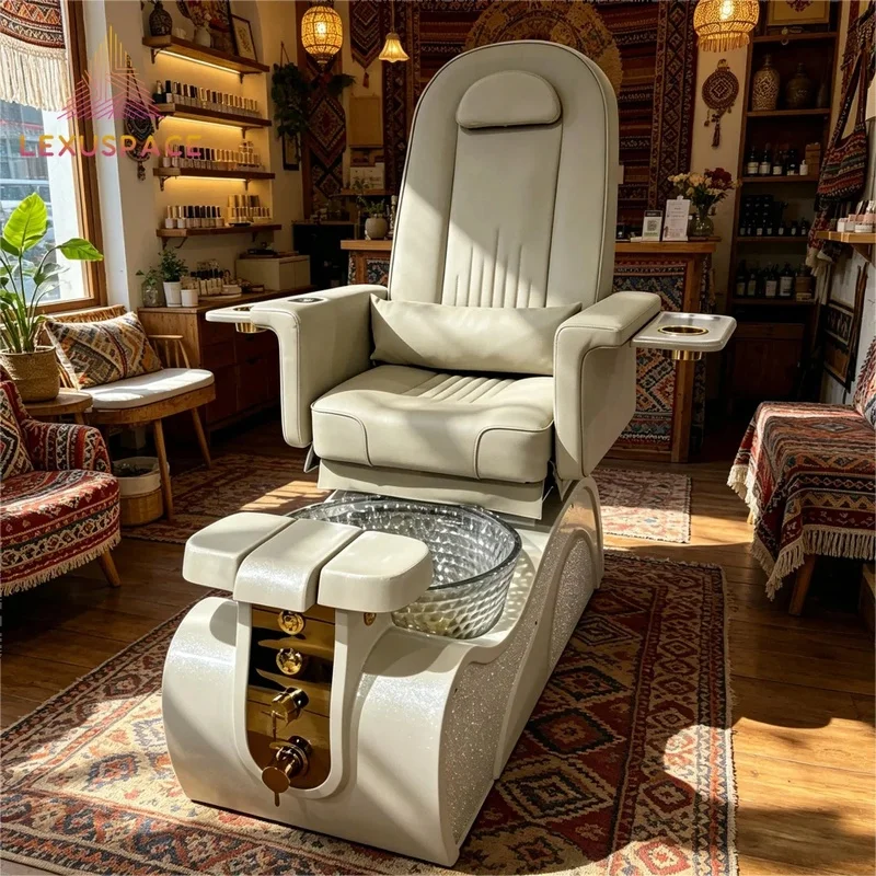 Luxury Electric Reclining Pedicure Chair Gold Hardware PU Leather Spa Massage Chair for Commercial Nail Salon