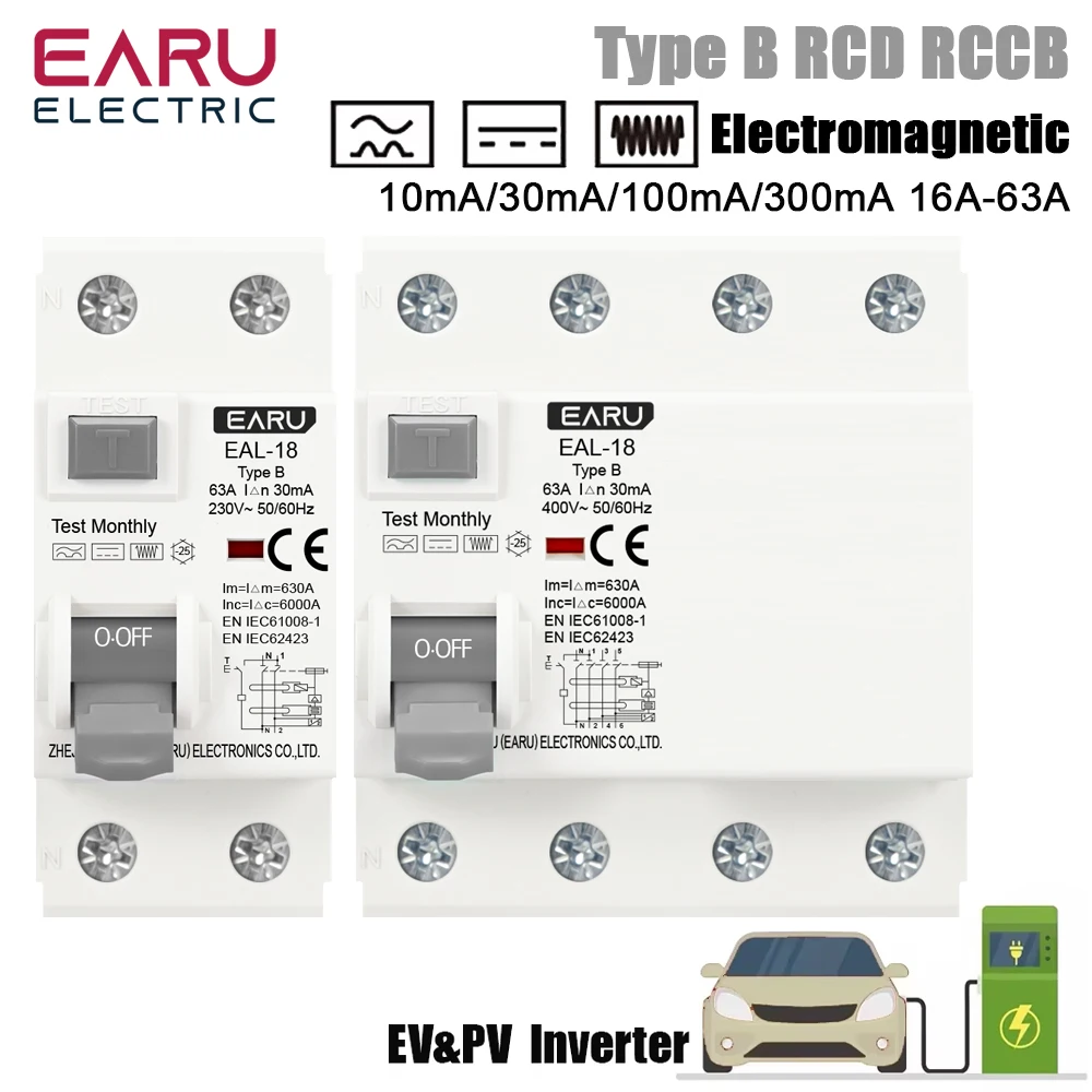EARU 2/4P 10/30/100/300mA 16-63A Typ B RCCB RCD EV-Ladesäule Elektromagnetischer Fehlerstromschutzschalter