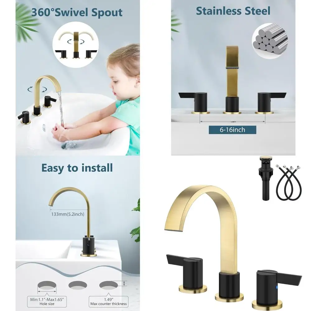 

8 Widespread 3-Hole Waterfall Sink Faucet with 2 Handles, Pop-up Drain & Supply Hose, Brushed Gold & Matte Black Finish