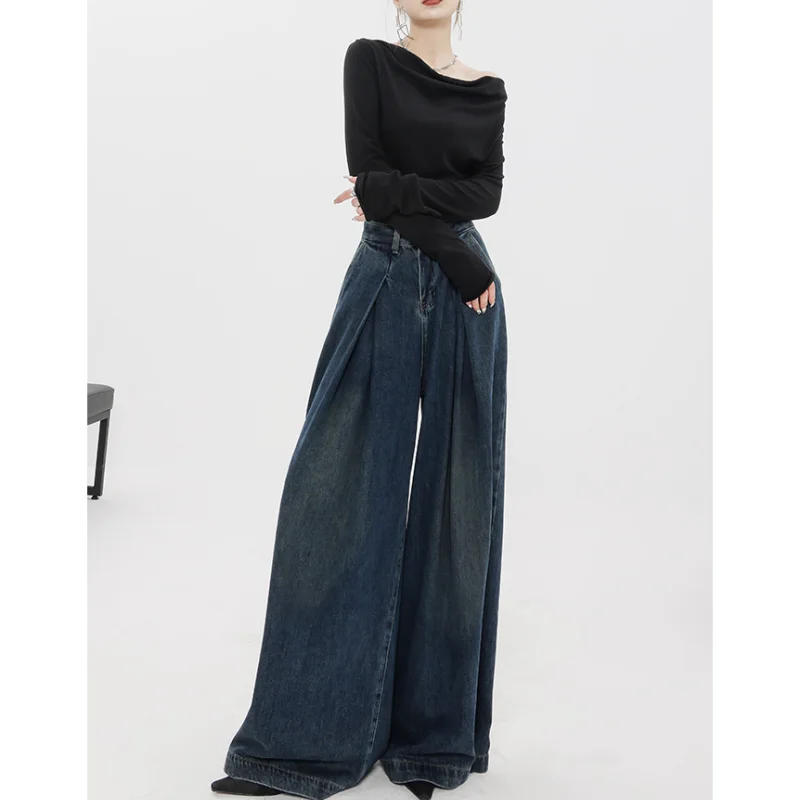 Mulheres Blue Jeans Chic Dobrado Cintura Alta American Street Wide Leg Pants Moda Vintage Oversized Feminino Straight Autumn Trouser