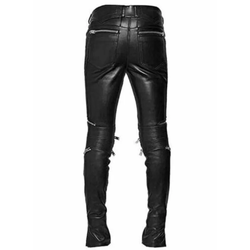 Men's Genuine Leather Black Pants Fashion Authentic Sheepskin Motorcycle Slim Fit European and American Fashion Trend