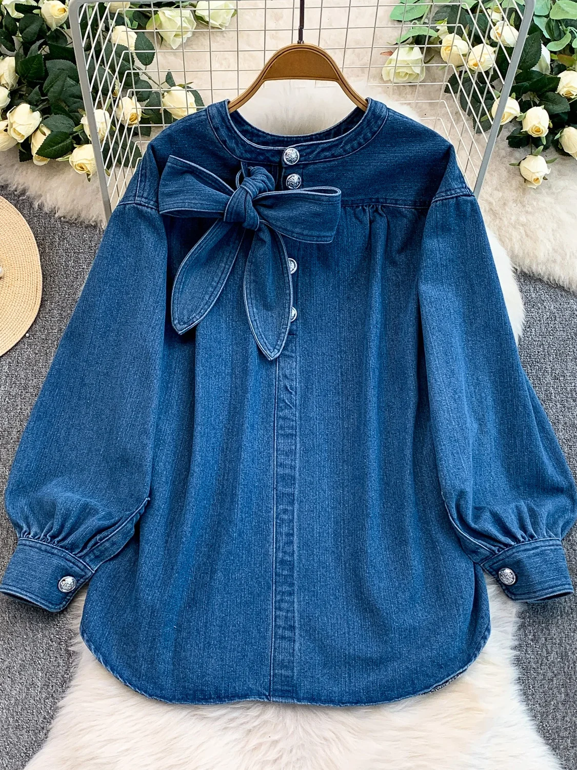 

Sweet Sle Bow Tie round Ne Loose Fit Denim irt Women Winter Long Tailored Top Butt Covering Casual Faion Ladies' irt