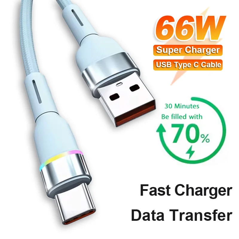 

66W Fast Charging Cable USB A to Type C Data Transfer Cord For Samsung Xiaomi Oneplus 13 Huawei Iphone Tablet Laptop Accessories