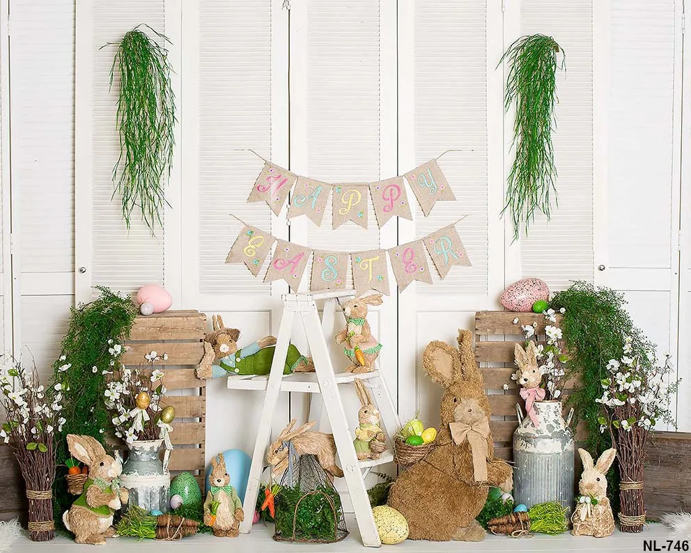 Baby Shower Spring Easter Day Theme Bunny Photographic Backdrops Green Vines Retro Interior Family Portrait Backgrounds Supplies