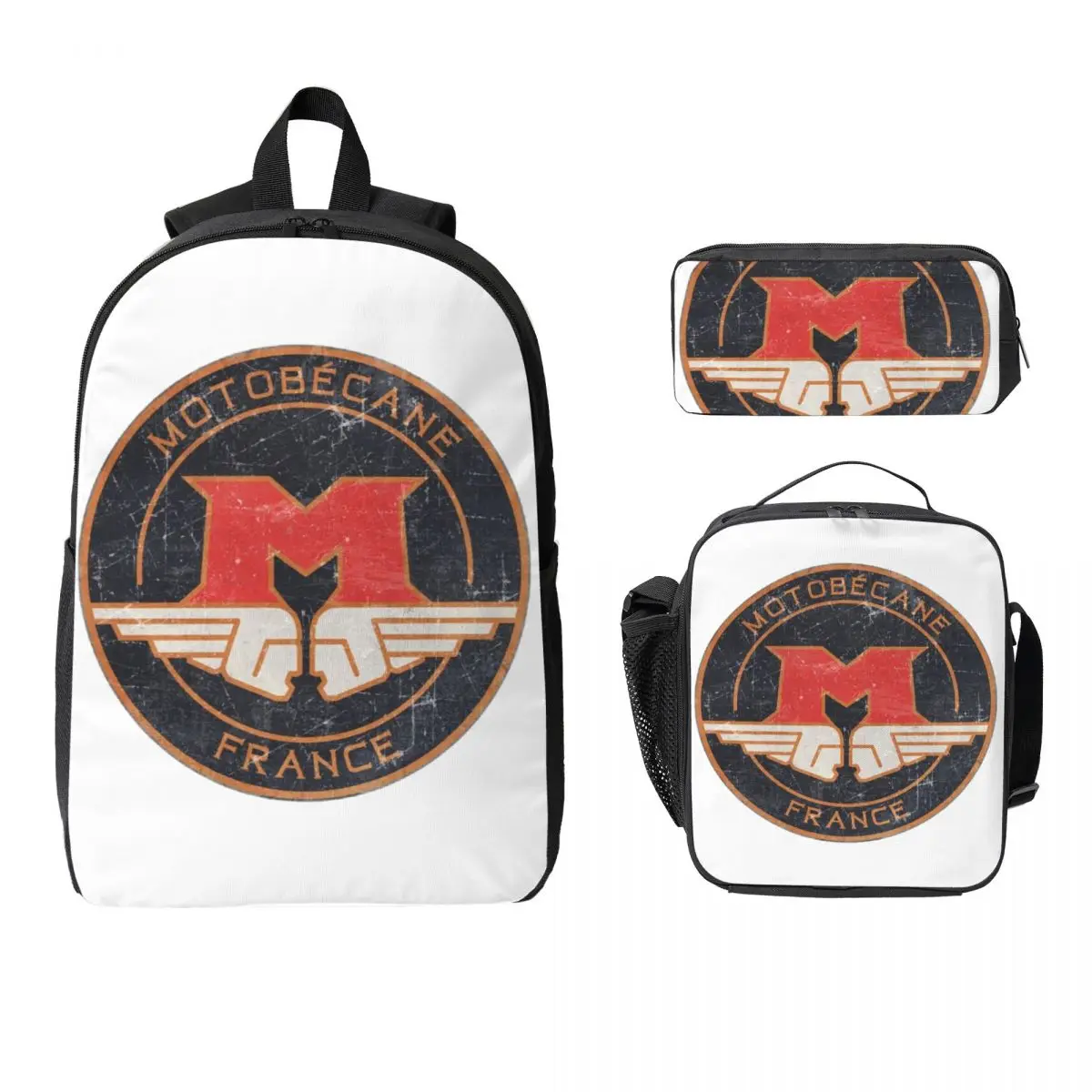 

Motobecane Retro Badge Backpack Student Boys Girls BookBag School Bag Laptop Shoulder Bags 3ps Insulated Lunch Bag Pencil Case