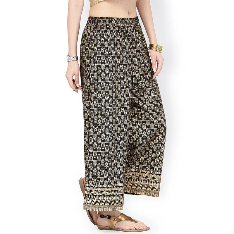 Shalwar Indian Pants Thin Ethnic Gold Printed Black Wide Leg Pants Cotton Trousers  Shalwars Salwar Indian Dress Women Costume - view 2
