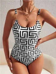 Brazylijski jednoczęściowy strój kąpielowy Retro Monokini 2024 seksowny z wycięciem stroje kąpielowe Bandeau kółko łańcucha body strój kąpielowy brązowy biały