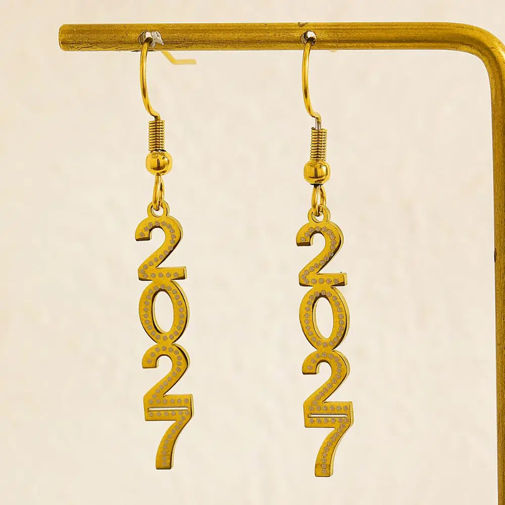 Rhinestone 2027 Digital Earrings Number Hollowed-out Happy New Year Earrings Stainless Steel Metal Gold Stud Earrings Daily