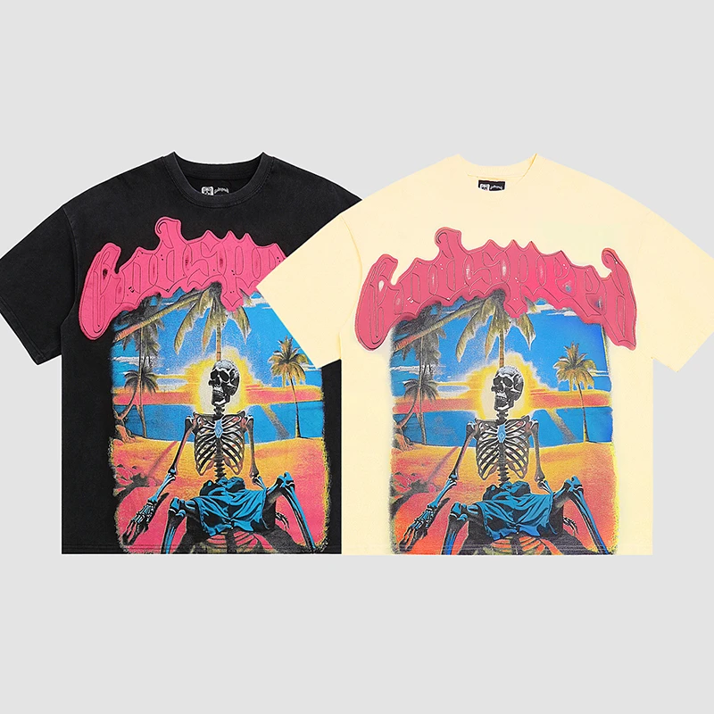 

Футболка Godspeed DBST в стиле американского стрит-хип-хоп с принтом черепа, свободного кроя, летняя, повседневная, хлопковая, с круглым вырезом