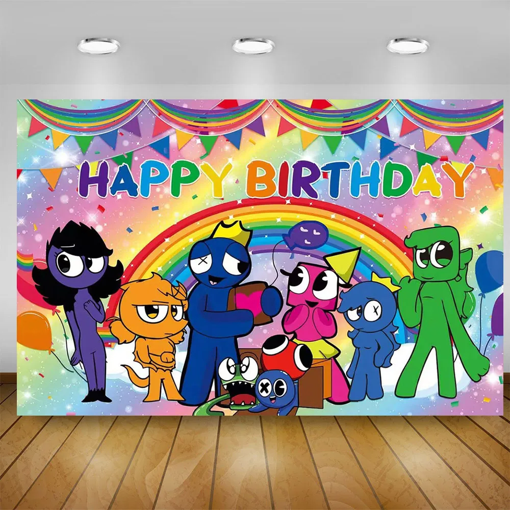 Cartoon Rainbow Friends Theme Baby Shower Kids Birthday Party Decoration Vinyl Background Photography Polyester Photo Booth Prop